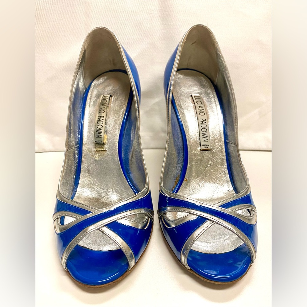 Size 37 Luciano Padovan in blue and silver patent leather.